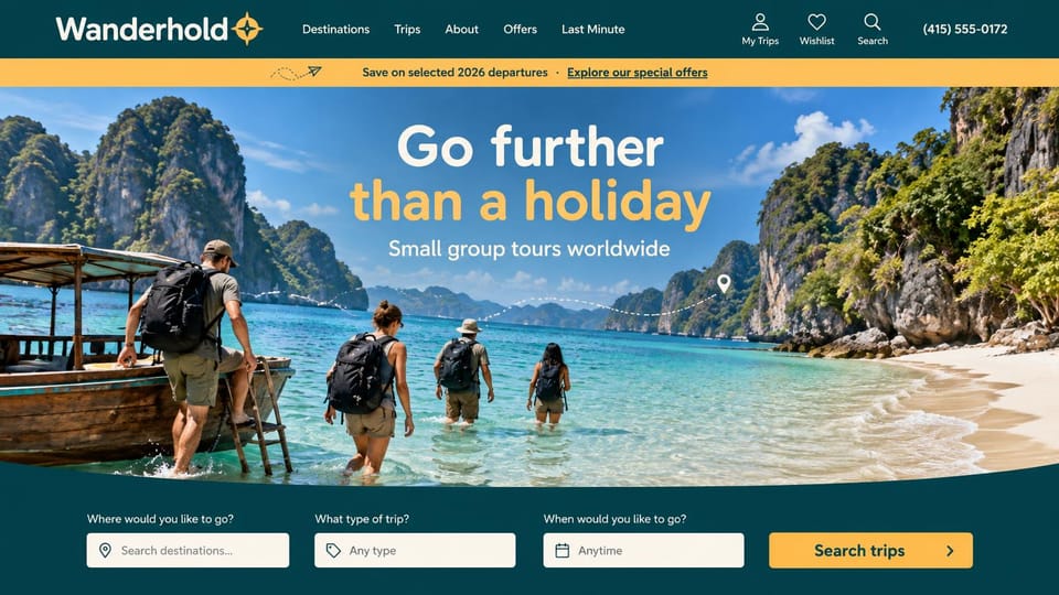 Travel agency website design, worldwide small-group tours with a beach landing photo: dark teal header, a yellow offers strip, a turquoise bay with limestone cliffs and backpackers wading to a boat, a yellow search button