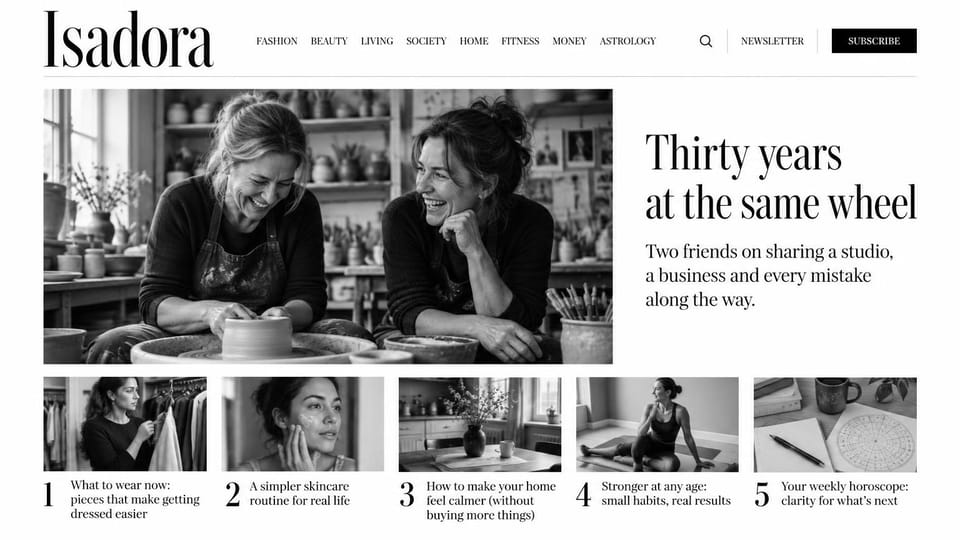 News and magazine website design, women's lifestyle magazine in black and white: all black and white, a tall condensed serif masthead, a black subscribe button, two women laughing at a pottery wheel, a row of five numbered stories with photos