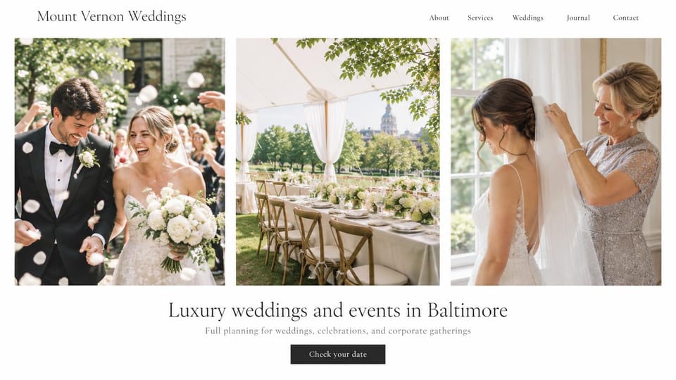 Event planner website design, luxury weddings and corporate events with a photo triptych: white page, three photos of a couple, a tented dinner and a bride with her mother, a centered serif headline and a black button