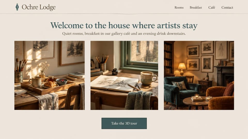 Bed and breakfast website design, guesthouse for artists with a photo trio: beige page, slate serif headline above three photos of a sketching desk, a breakfast tray and a lamplit lounge