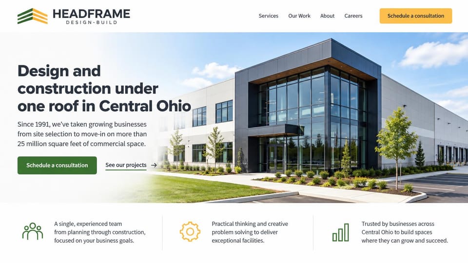 Construction website design, commercial design-build with three promises below: white menu with a yellow button, a white and dark glass commercial building on a lawn, a navy headline, a green button and three icon promises