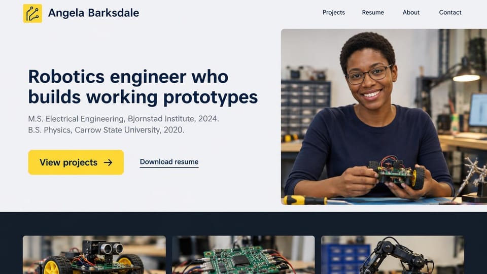Engineering portfolio website design, robotics engineer with degrees up front: pale gray page, a bold navy headline, a yellow button, a smiling woman holding a small robot car and a dark row of project photos
