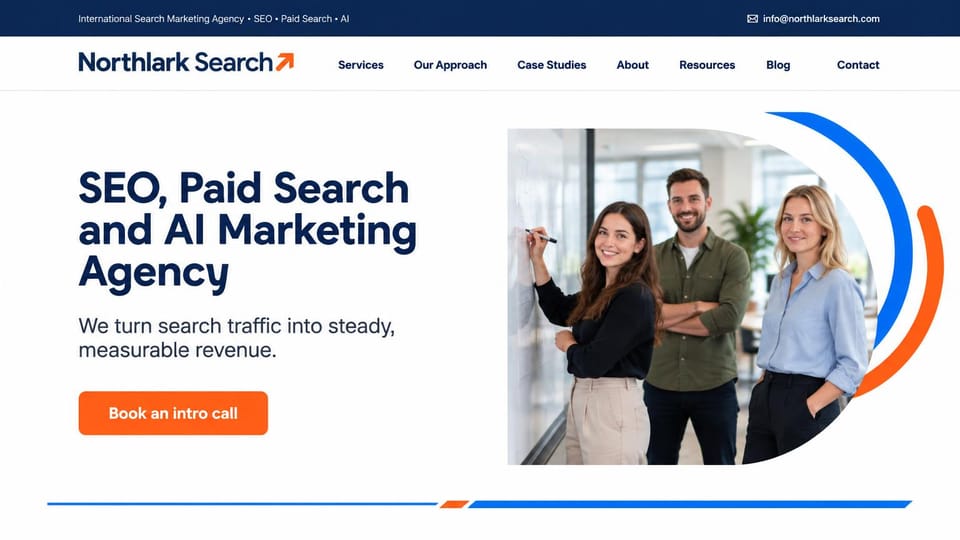 Landing page website design, sEO and paid search agency with the team up front: white page, a navy headline, an orange button and three marketers at a whiteboard framed by blue and orange arcs
