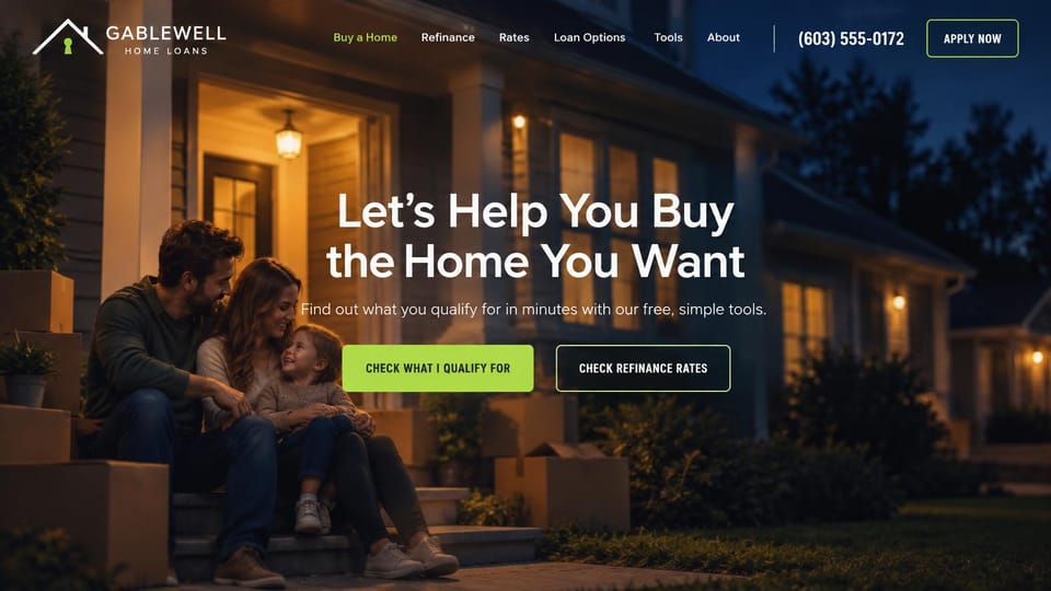 Mortgage website design, home loans with a family on the porch at night: night photo of a family on the steps of a lit house, a centered white headline, a lime qualify button and an outlined rates button