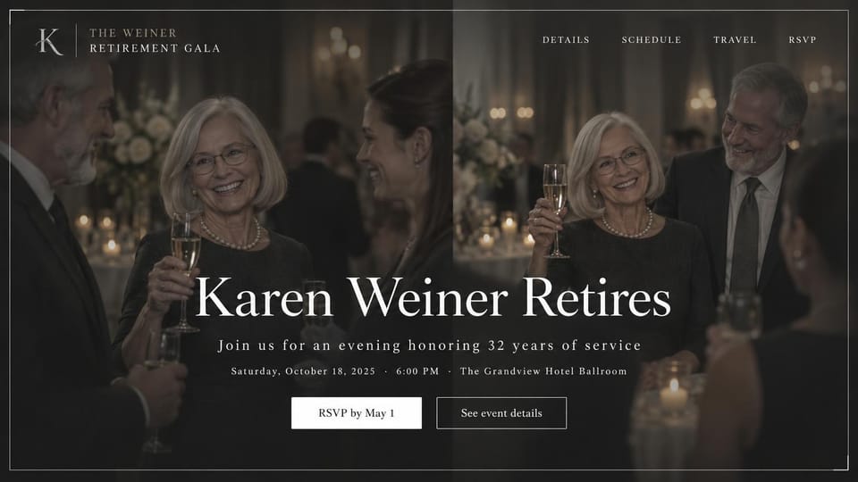 Event website design, retirement party with the guest of honor: two dark candlelit ballroom photos of a smiling woman with champagne inside a thin white frame, a large centered white serif headline and a white RSVP button