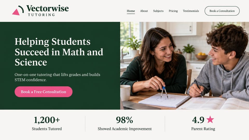 Tutoring website design, math and science tutoring with a results row: dark green block with a white serif headline beside a tutor and a teen working with a compass, pink button, a stats row on cream