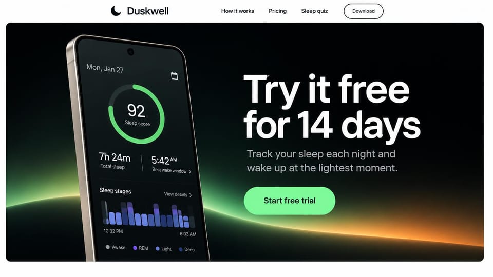 Mobile app website design, sleep app with the free trial as the headline: black panel with a phone showing a sleep score beside a large black headline and a green button