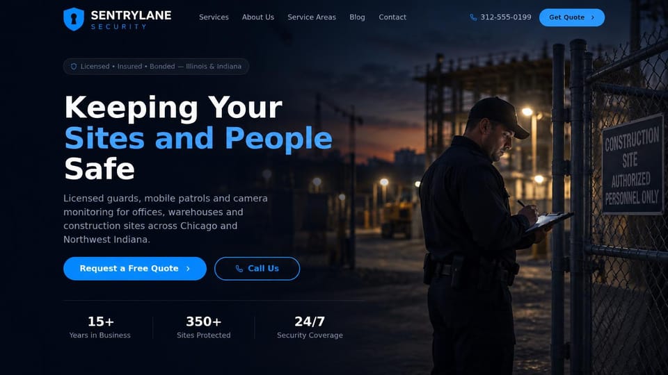 Security company website design, construction site security with stats: dark navy page, a white and bright blue headline, blue and outlined buttons, an officer writing on a clipboard at a construction site gate at night, a stats row