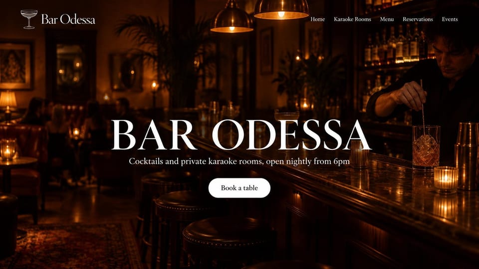 Restaurant website design, late-night bar with private rooms: a bartender in a dim amber bar behind huge white serif type and a white booking button