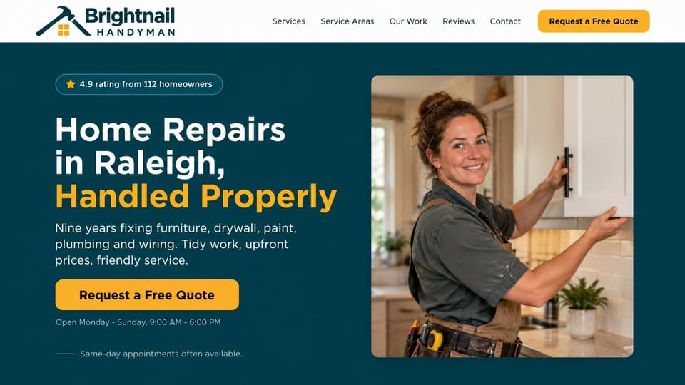 Landing page website design, local handyman with the city in the headline: white header, a deep teal hero with a white and golden yellow headline, a yellow quote button, a smiling woman fitting a kitchen cabinet door