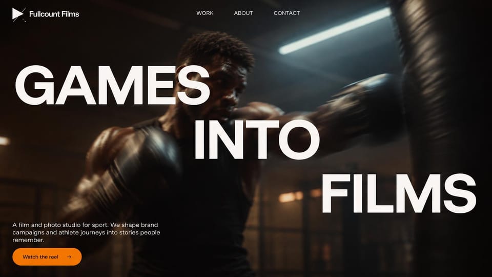 Videographer website design, sports films with a staggered headline: dark gym, a boxer punching a heavy bag, huge white sans words stepped across the frame, orange reel button
