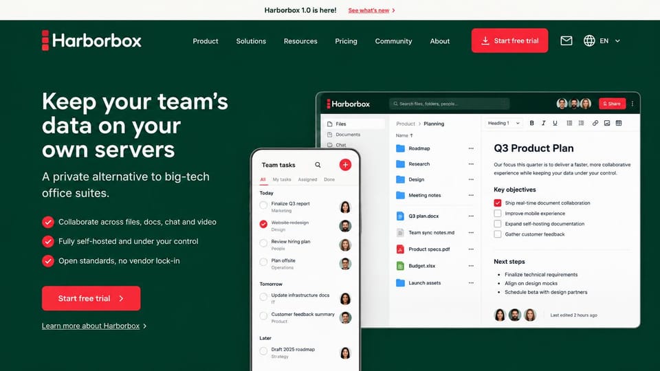 SaaS website design, self-hosted workspace in deep green: deep green page, white headline, a red trial button, a checklist and desktop and phone app screens