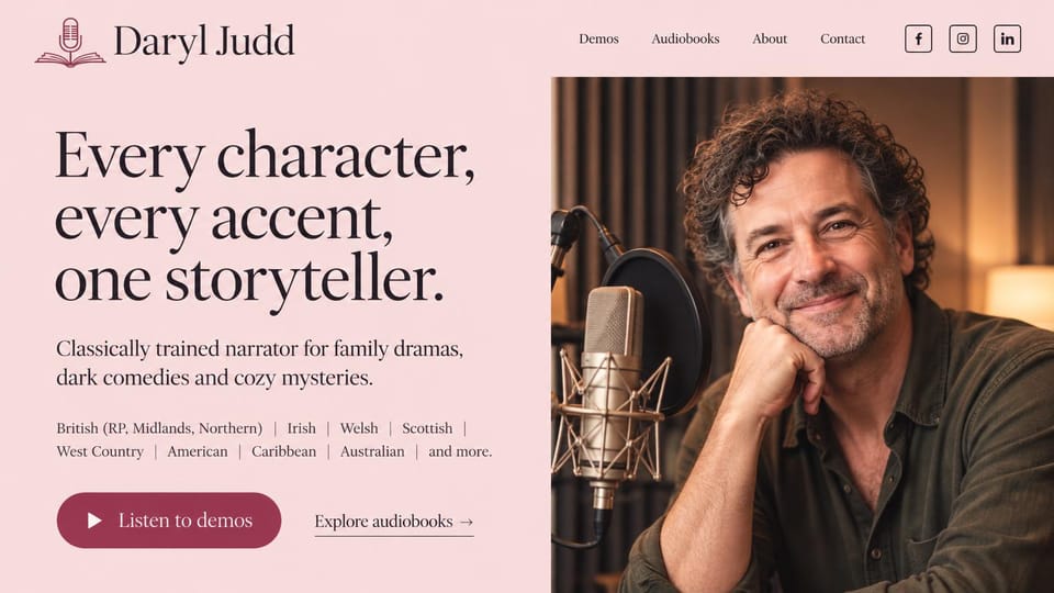 Actor website design, audiobook narrator with accents listed: blush pink page, a microphone and book logo, a large dark serif headline, a burgundy demo button and a smiling man at a studio microphone