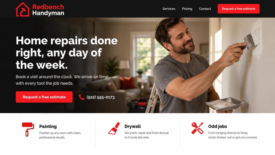Handyman website design, painting and drywall with a three-service strip: black header with a red house logo, a dark hero with a man patching drywall, bold white headline, red estimate button and phone number, a white strip of three red service icons