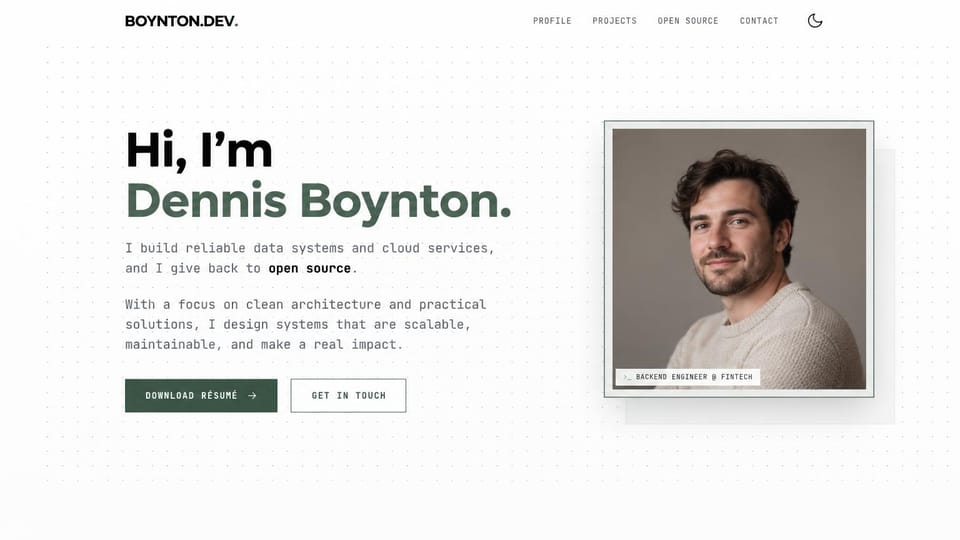 Resume website design, backend developer with a framed portrait: white dotted page, a black and green name, a monospace intro and a dark green resume button beside a framed portrait