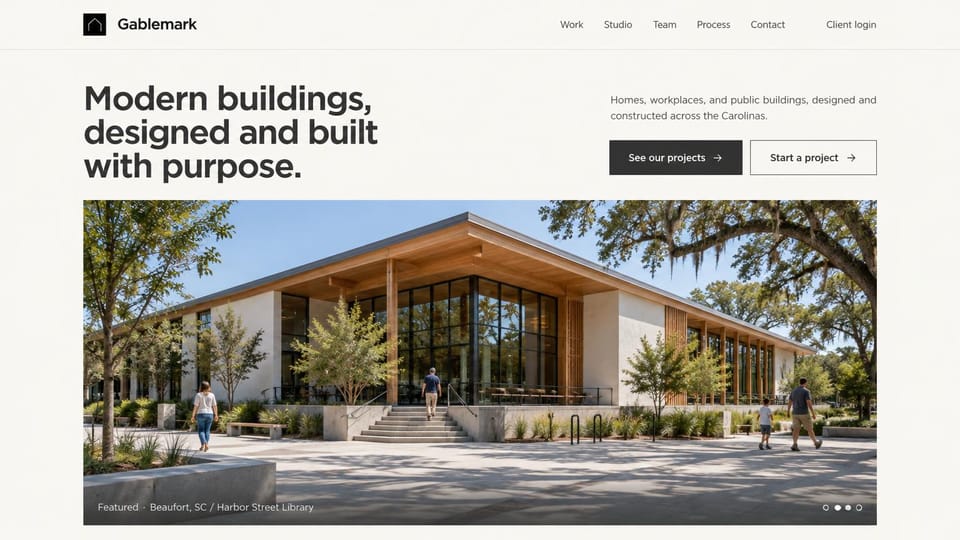 Architecture website design, design-build firm with two clear next steps: warm white page, large charcoal sans headline, a short intro with dark and outlined buttons, a wide photo of a timber-roofed library under oak trees