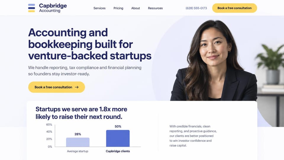 Accounting website design, startup accounting with a results chart: pale lavender page, a navy headline, a yellow consultation button, a portrait of an accountant and a bar chart card