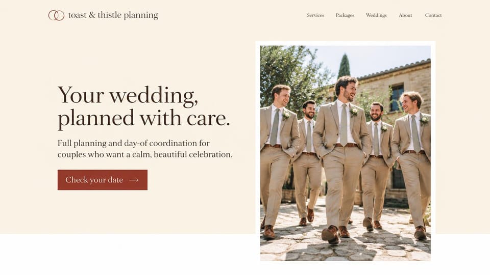 Wedding planner website design, small planning studio with a framed photo: cream page, serif headline, rust date button, framed photo of groomsmen in tan suits walking together
