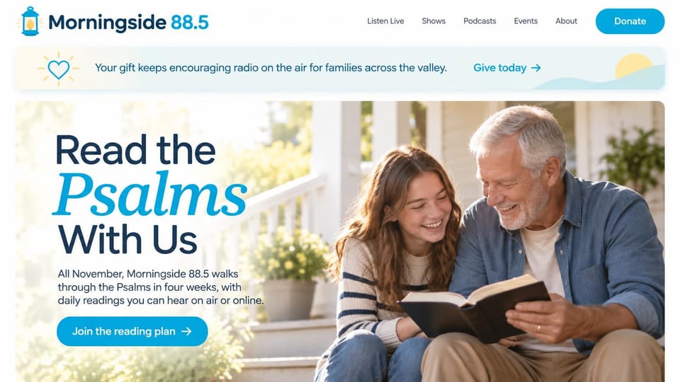 Radio station website design, christian community radio with a reading plan: white page, navy logo with a lantern icon, a pale blue giving banner, a sunny porch photo of a grandfather and a teenage girl reading from a book, navy and turquoise headline and a blue button