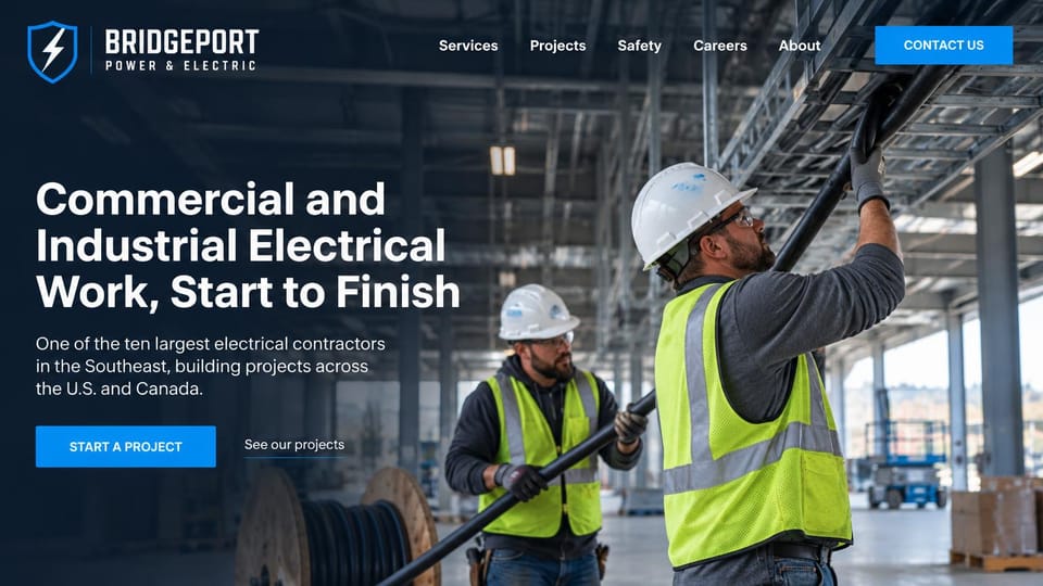 Electrician website design, large commercial and industrial contractor, start to finish: dark navy overlay on a warehouse, two electricians in white hard hats and hi-vis vests pulling cable, a white headline and a blue project button