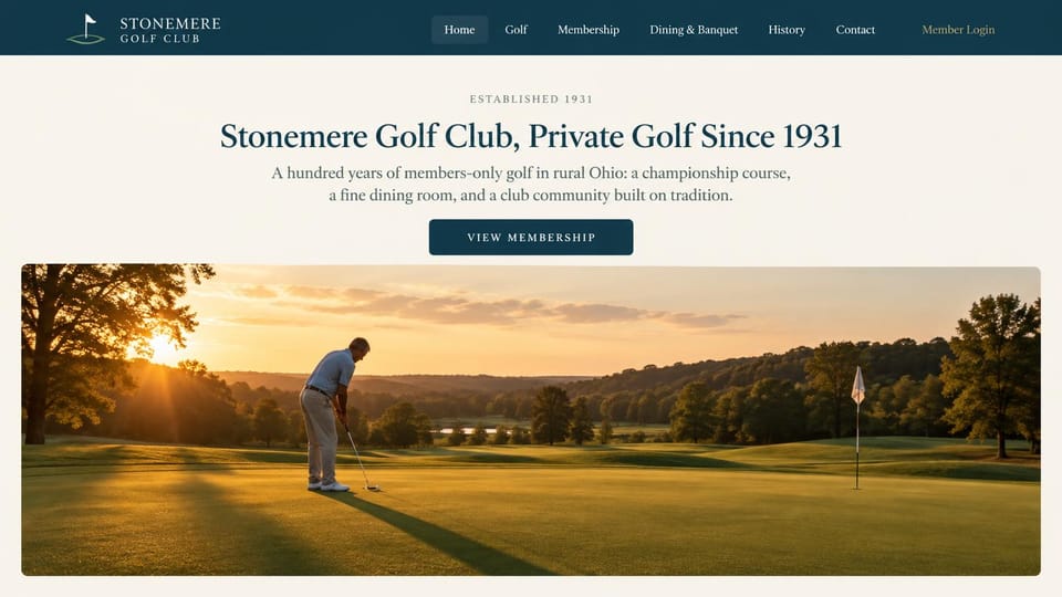 Sports team website design, private golf club, traditional and framed: deep navy menu bar, an ivory page with a centered navy serif headline, gold accents and a framed sunset photo of the course