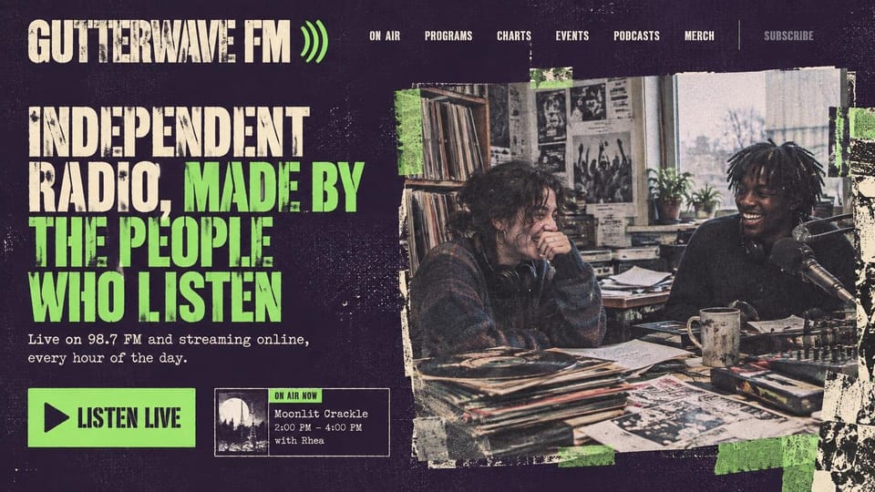 Radio station website design, independent radio in grungy punk zine style: dark purple and lime green, a distressed stencil headline, a torn-paper photo of two laughing hosts at a cluttered desk of records in a poster-covered studio, a bright green listen button and a small on-air card