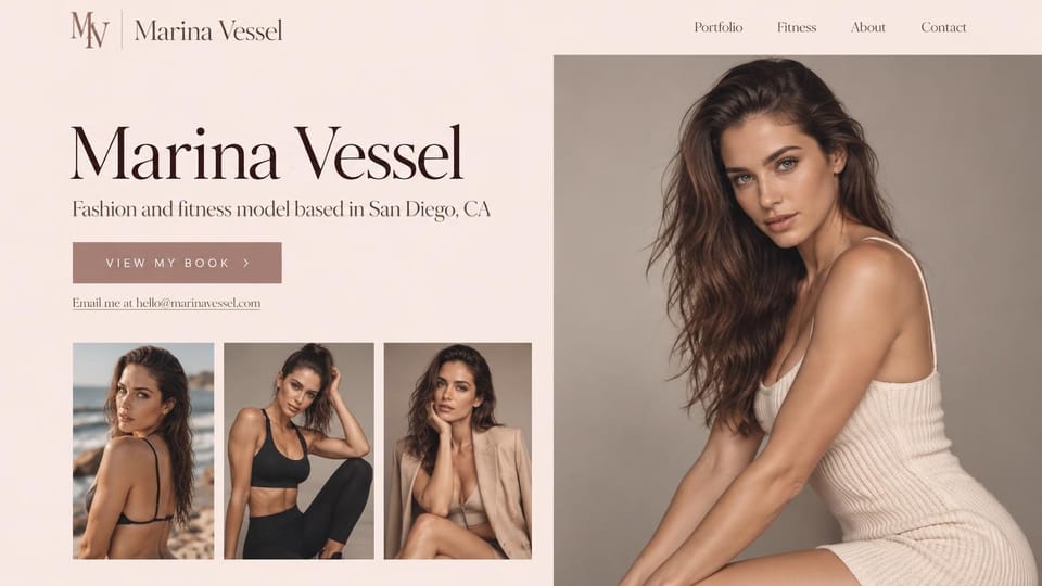 Model portfolio website design, fashion and fitness model with three looks: blush pink page, a large dark serif name, a mauve book button, three small photos in swimwear, sportswear and a blazer and a long-haired brunette in a cream knit dress