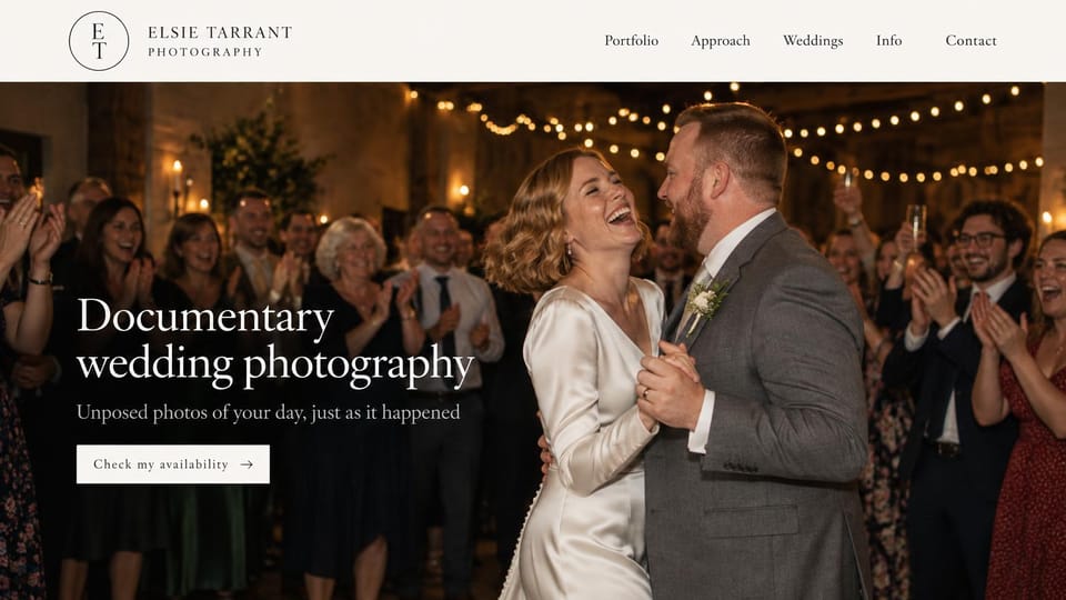 Wedding photographer website design, documentary wedding photographer on a packed dance floor: cream menu with a circle monogram, a couple dancing under string lights surrounded by clapping guests, a white serif headline and a white button