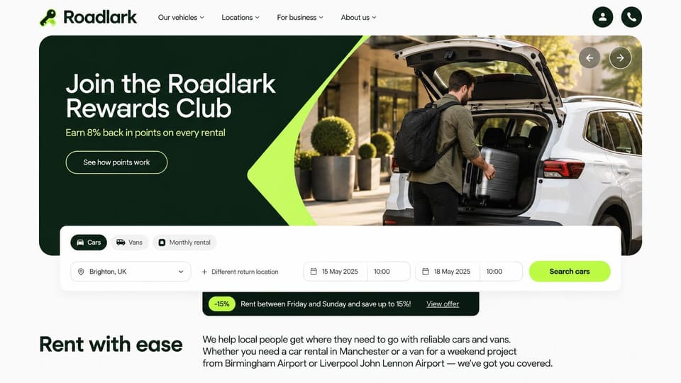 Car rental website design, car and van rental with a search bar over the hero: white page, a dark green hero panel with a lime curve and a man loading a suitcase into a white SUV, a white search bar with car and van tabs and a lime search button