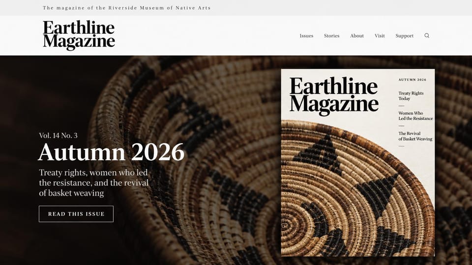 News and magazine website design, museum arts magazine with its current issue cover: white header with a black serif wordmark, dark full-width photo of a coiled woven basket, issue title in white serif, the matching magazine cover on the right listing three stories