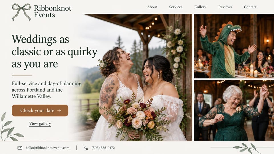 Wedding planner website design, playful planner with a laughing couple and party photos: cream page with a sage ribbon logo, large dark serif headline, photo of two laughing brides with a rustic bouquet beside a pair of guests in a dinosaur costume and a dancing grandmother, rust date button