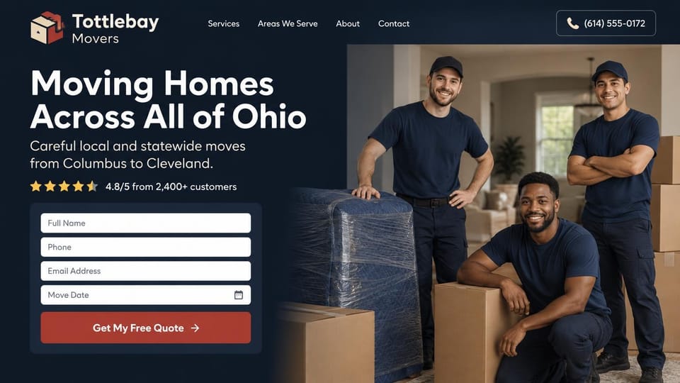 Moving company website design, statewide home movers with a crew portrait: dark navy page, a white headline, a white quote form with a red button, a smiling crew in navy posing with padded furniture and boxes
