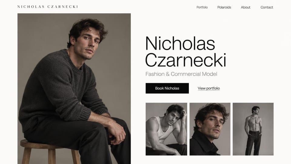 Model portfolio website design, male fashion and commercial model with a polaroids page: white page, a seated man in a dark sweater, a large black sans name, a black booking button and three smaller photos
