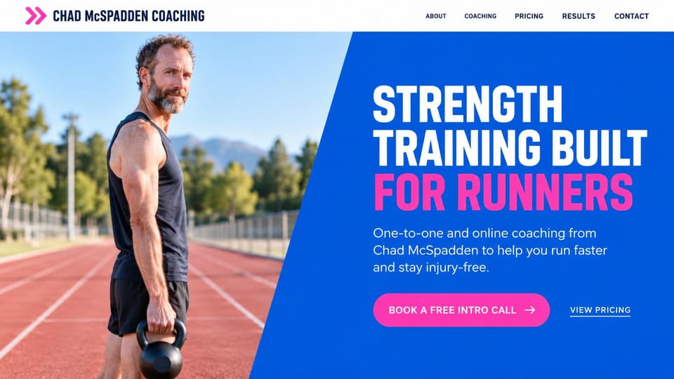 Personal trainer website design, strength coaching for runners on a bright blue slant: white menu bar, a coach holding a kettlebell on a red running track, a slanted bright blue panel with a white and pink condensed headline, a pink intro call button