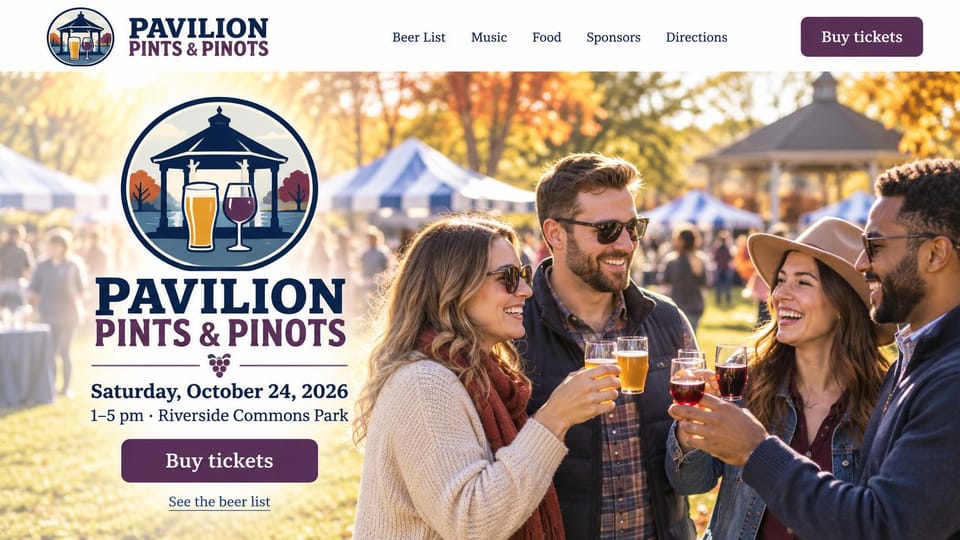 Event website design, autumn beer and wine festival with a badge logo: white header, sunlit autumn park with friends toasting beer and wine by striped tents and a gazebo, large navy and plum badge logo, plum ticket button