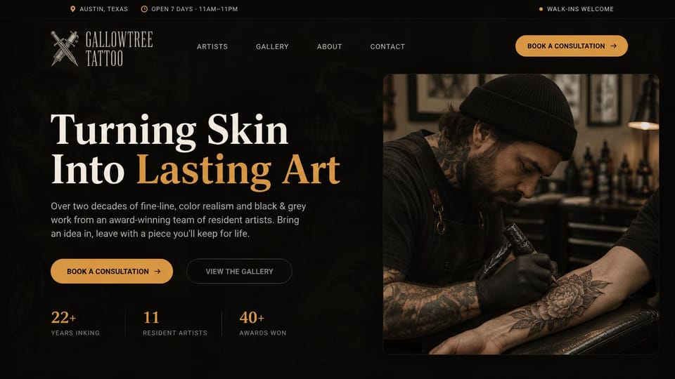 Tattoo website design, black and grey studio with stats under a framed photo: near-black page, a white and gold serif headline, a framed photo of a bearded tattooer in a beanie at work, gold and outlined buttons, stats below