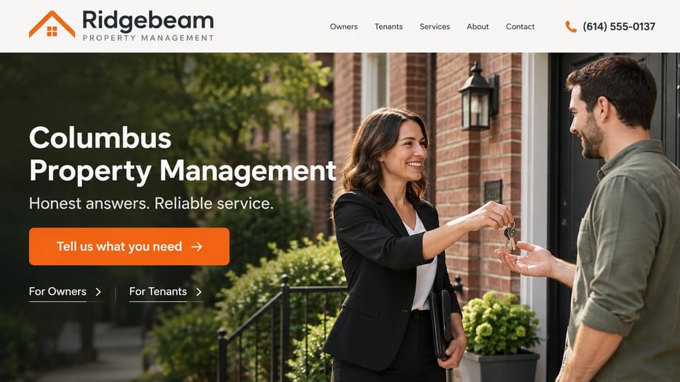 Property management website design, rental management over a darkened doorstep photo: white header with an orange roof logo, a darkened full-width photo of a manager handing keys to a man at a brick door, a white headline, an orange button and owner and tenant links