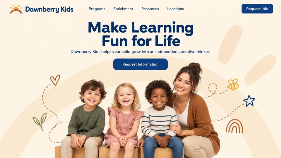 Daycare website design, childcare with doodles around a group portrait: cream page with hand-drawn heart, bee, star and rainbow doodles, a bold centered navy headline and button, three smiling children and a teacher seated on wooden boxes