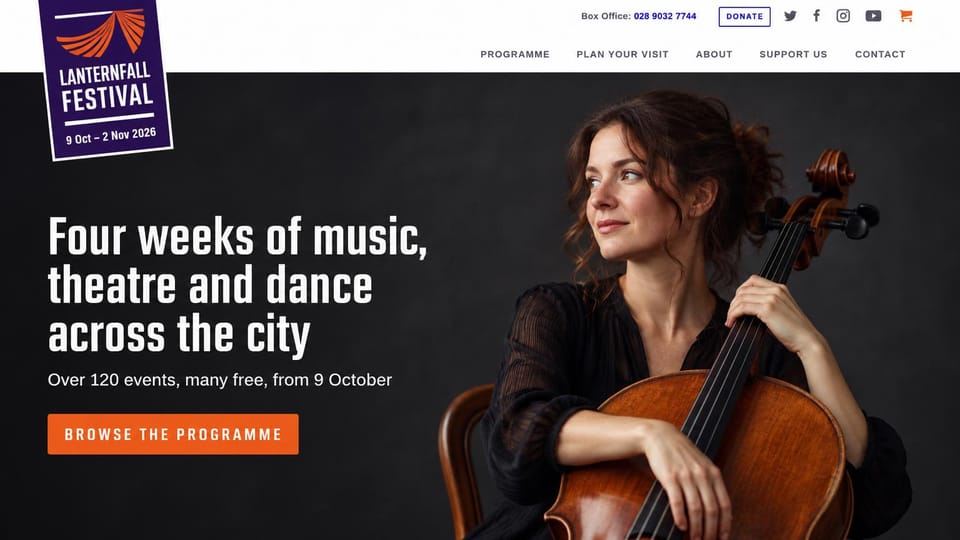 Event website design, arts festival with a performer portrait: dark photo of a woman holding a cello, white condensed headline, orange program button, purple tag-style logo