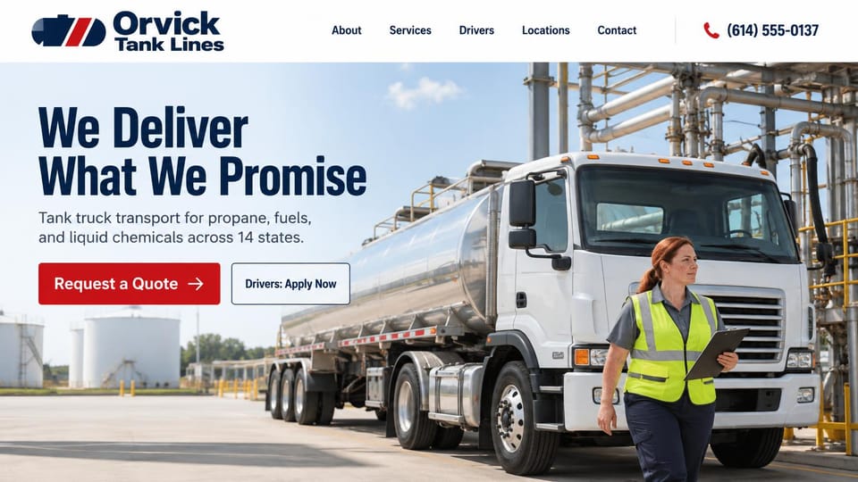 Logistics website design, tank truck carrier at a fuel terminal: white page, navy condensed headline, a stainless tanker with a white tractor at a fuel terminal and a woman in a safety vest holding a clipboard, red quote button