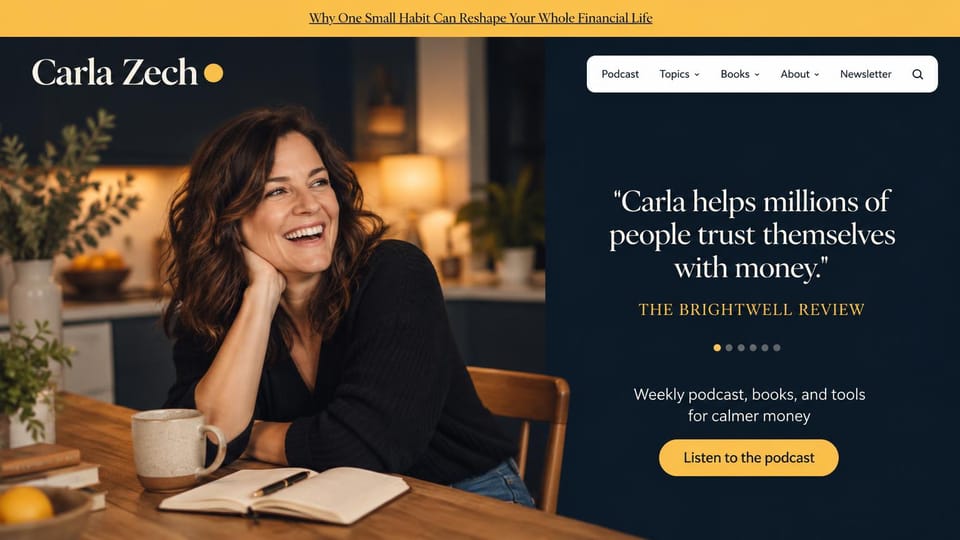 Podcast website design, money host with books and a podcast: a navy panel with a gold quote, a smiling woman at a kitchen table and a yellow podcast button
