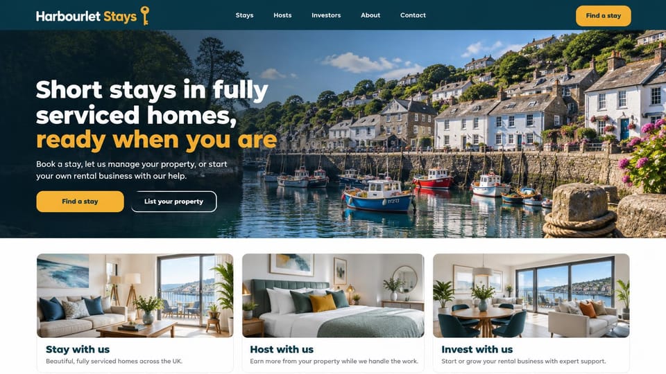 Real estate website design, vacation rental management with three paths: a harbor village with fishing boats, a bold white and yellow headline and three room photo cards