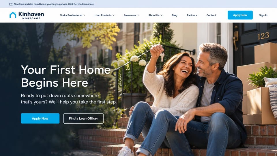 Mortgage website design, first-home lender with keys on the front steps: a full-width photo of a couple on brick steps holding up keys beside moving boxes, white headline, blue apply button