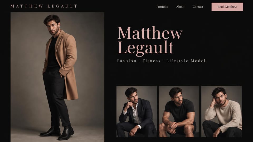 Model portfolio website design, male fashion and fitness model in a camel coat: black page, a large blush pink serif name, a pink booking button, a full-length photo of a bearded man in a camel coat and three seated portraits