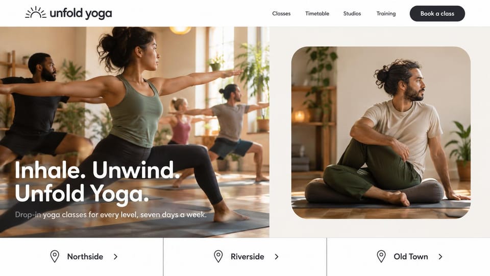 Fitness website design, drop-in yoga with a tile for each studio: white page, a class in warrior pose and a seated man, three location tiles along the bottom