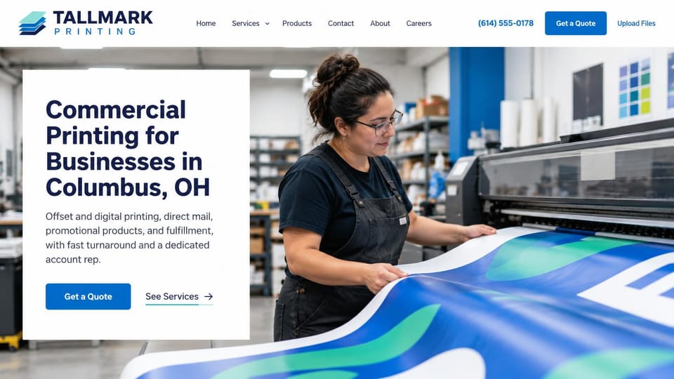 Printing website design, commercial printer that names its city: white header with a blue quote button, a printer smoothing a large blue and green banner print, a white text card with a navy headline