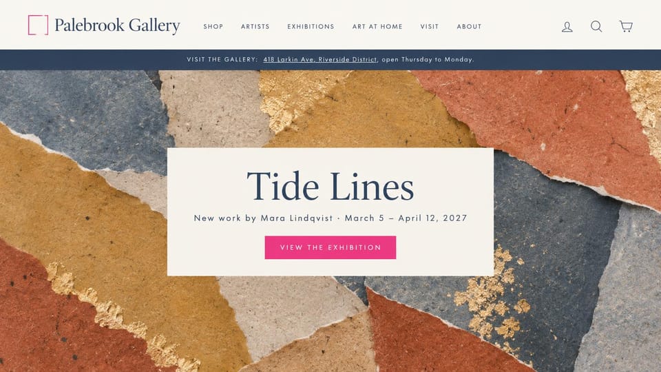 Art gallery website design, gallery and art shop with a collage hero: off-white header with a serif wordmark, a navy strip with visiting details, a torn-paper collage in rust, ochre, slate and gold leaf, a cream panel with a pink button