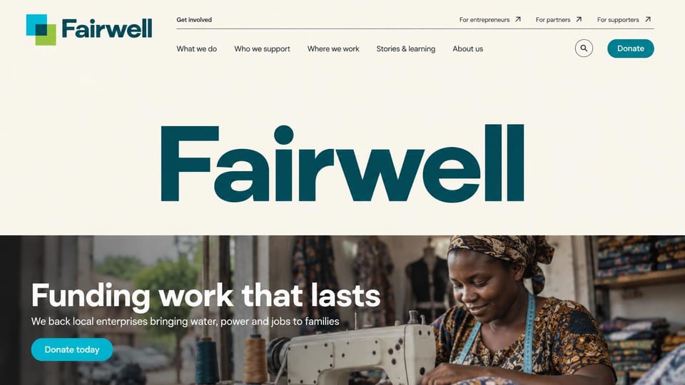 Nonprofit website design, impact fund with a giant wordmark: cream top with a huge dark teal wordmark over a photo of a woman sewing, a teal donate button