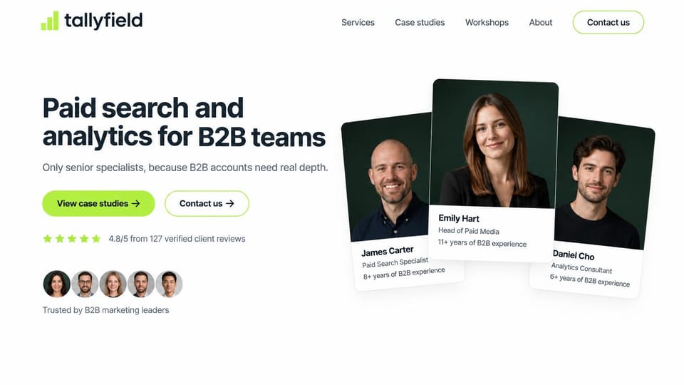 Agency website design, paid search agency with the team on cards: white page, a black headline, a lime button and three tilted portrait cards of specialists