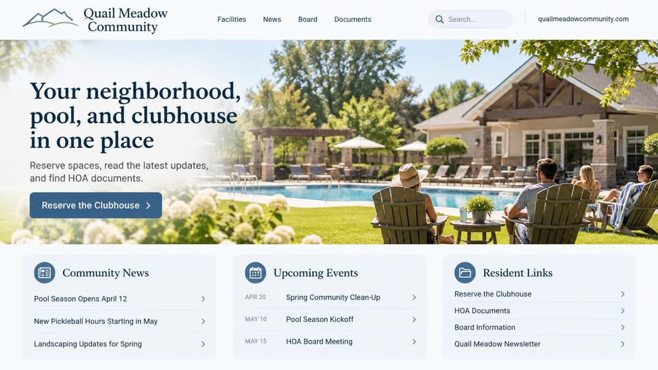 HOA website design, pool and clubhouse with news, events and links: pale blue-gray page, a navy serif headline and blue reserve button beside a pool and clubhouse photo, three white cards below
